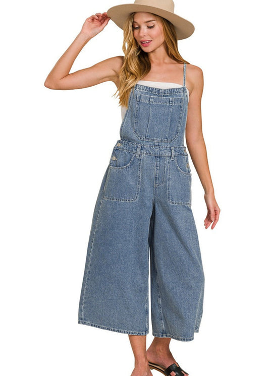 Denim Medium Washed Wide Leg Overalls