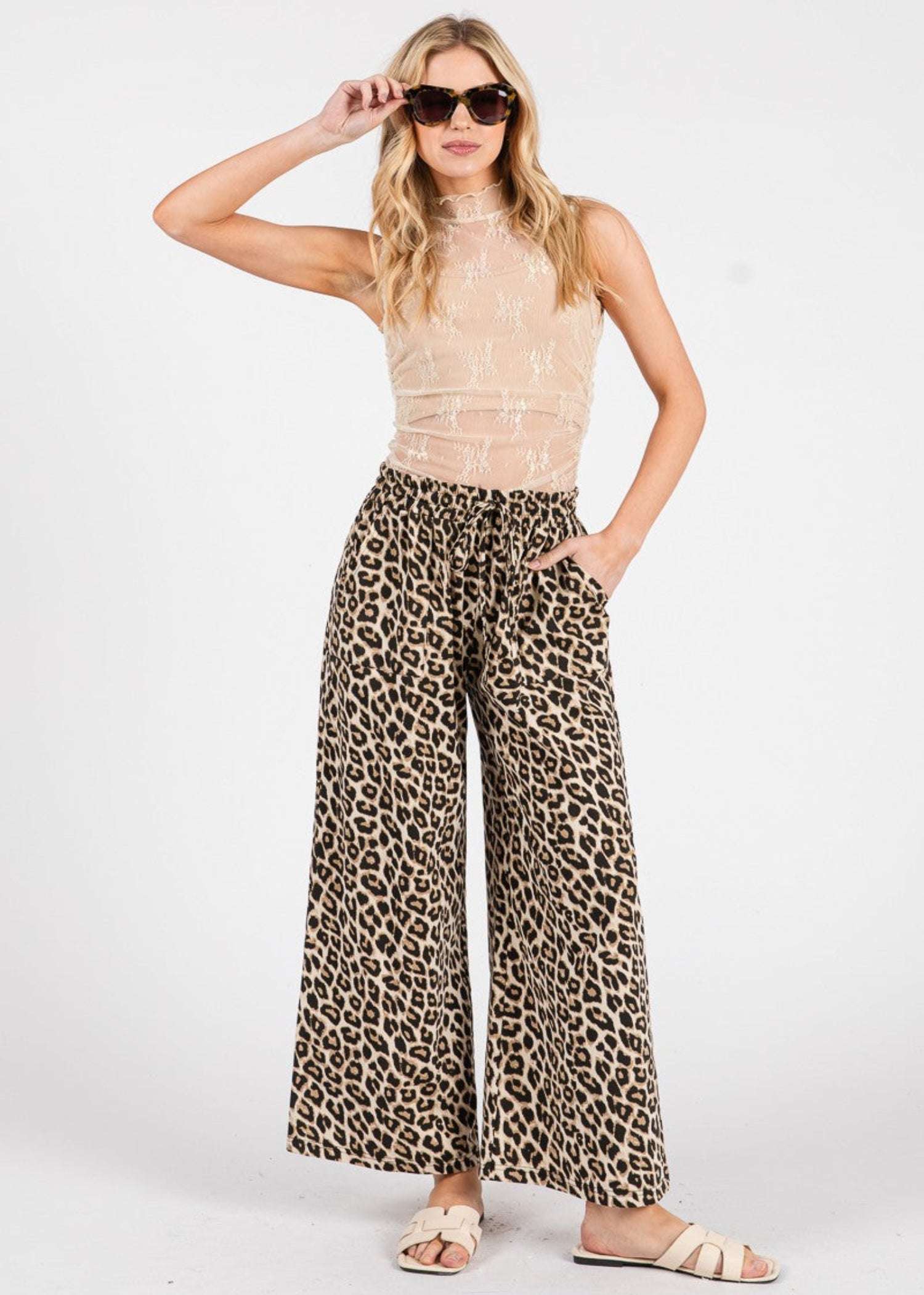 Washed Leopard Print Wide Leg Pants