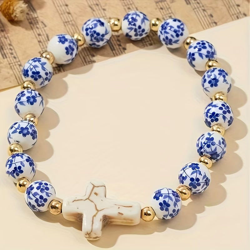 Blue and White Porcelain Cross Elastic Bracelet