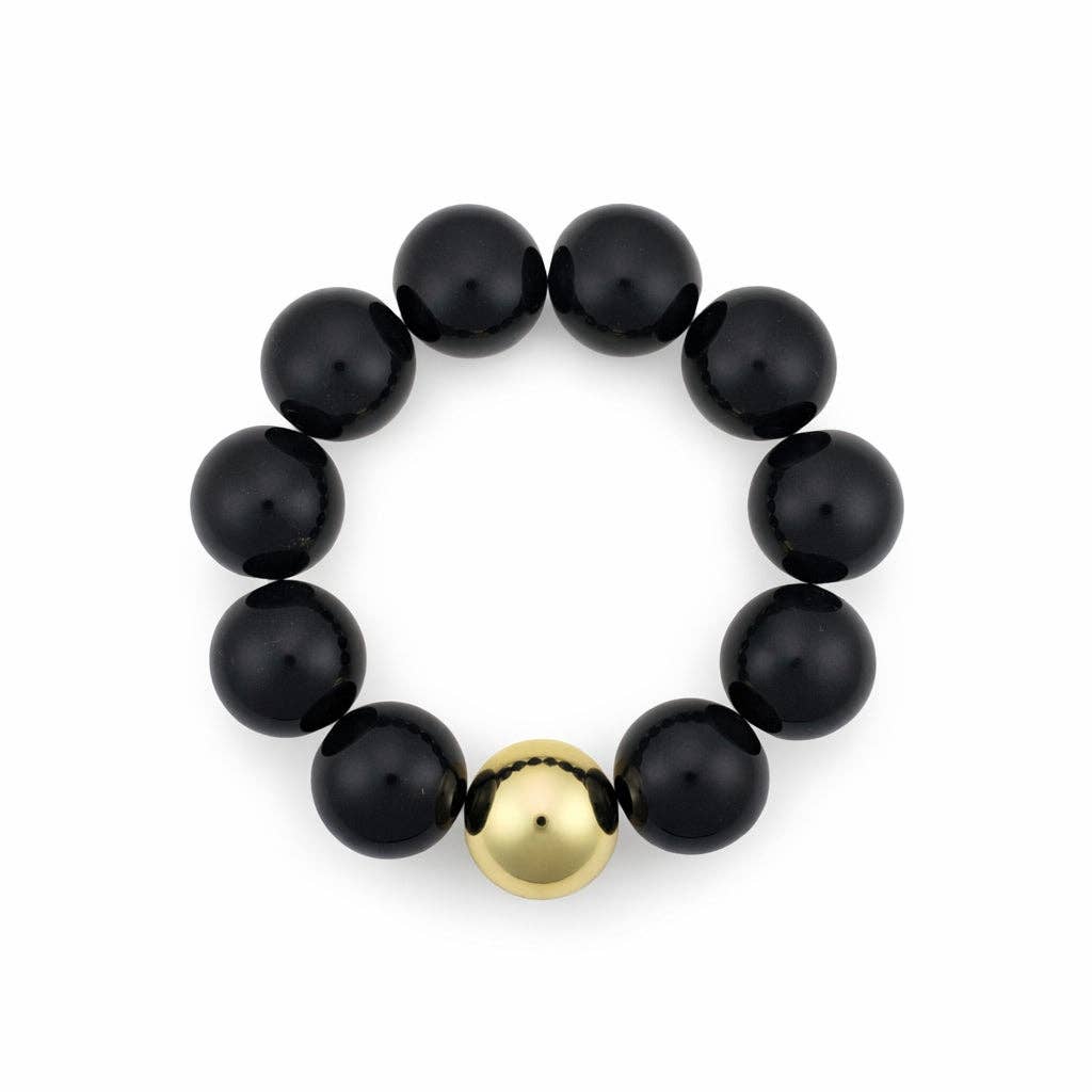 Black 16MM Beaded with Gold Accent Ball Stretch Bracelets