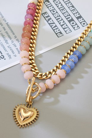 COLORFUL BEAD LAYERED HEART NECKLACE