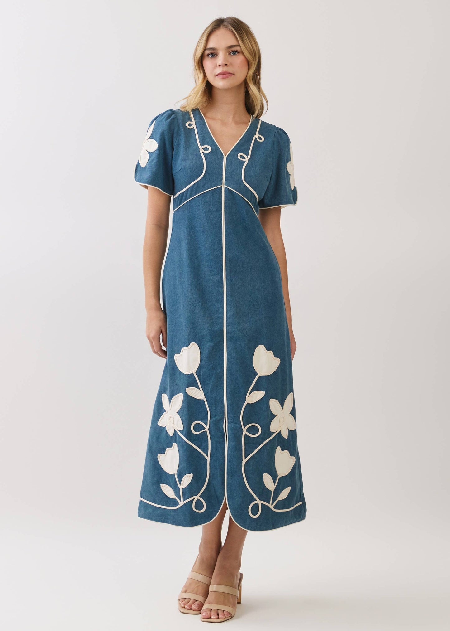 Floral Appliqué Contrast Trim Midi Dress