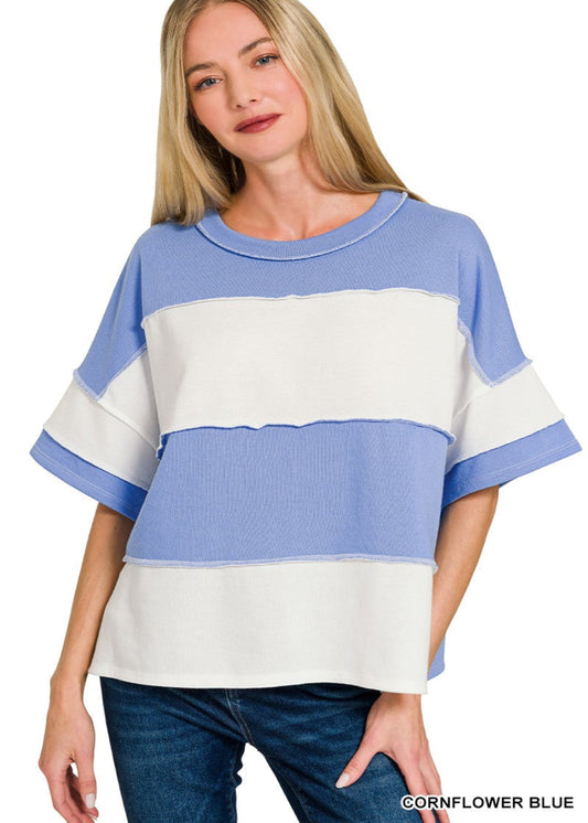 French Terry Color Block Exposed Seam Top - Cornflower Blue