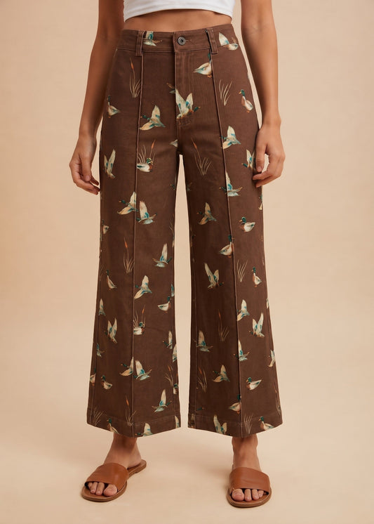 MALLARD DUCK PRINTED DENIM WIDE LEG JEANS - MOCHA BROWN