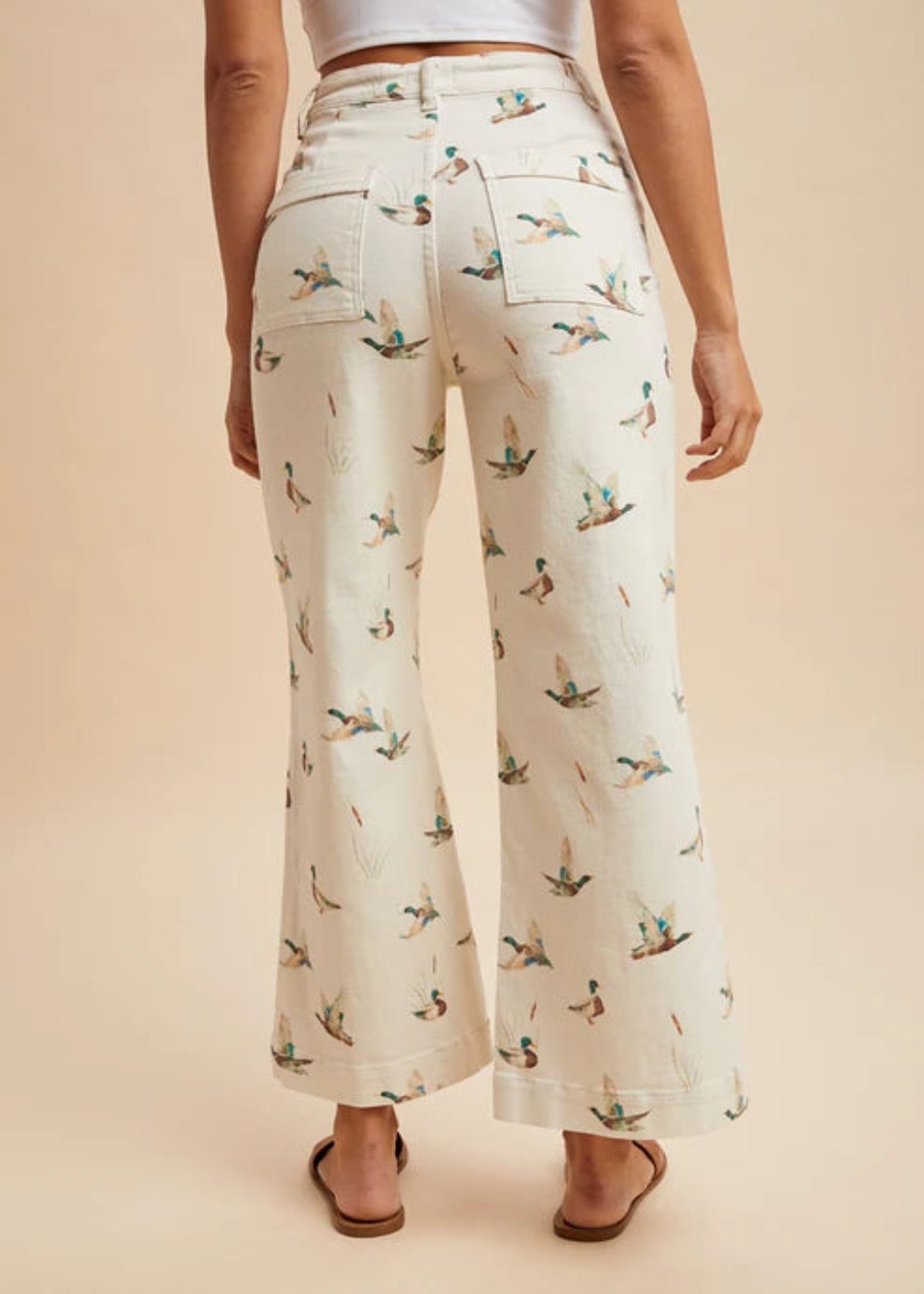 MALLARD DUCK PRINTED STRETCH DENIM WIDE LEG JEANS