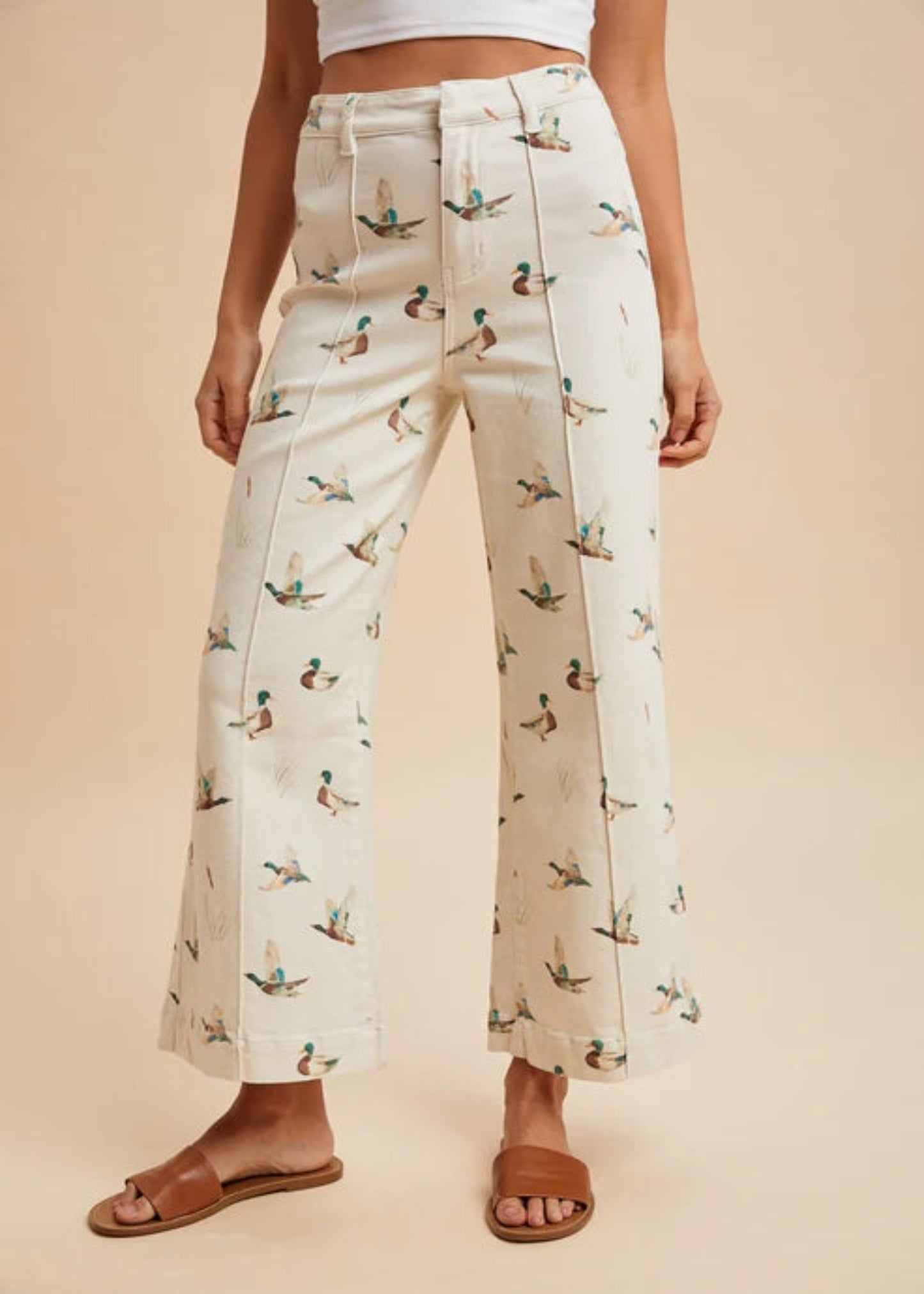 MALLARD DUCK PRINTED STRETCH DENIM WIDE LEG JEANS