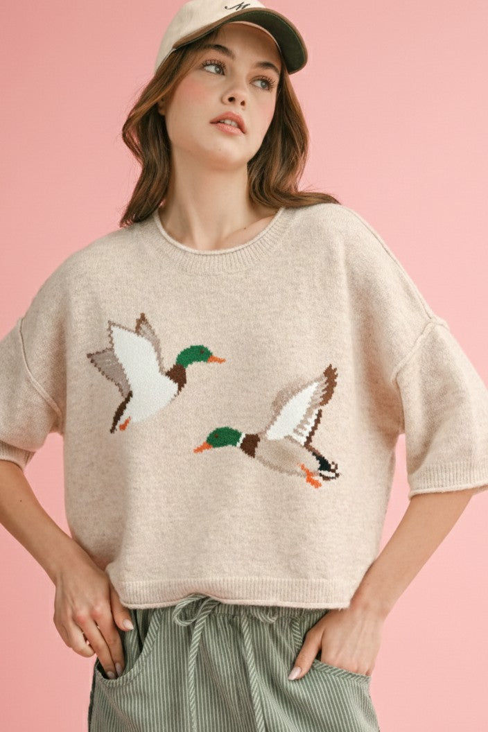 EMBROIDERED DUCK KNIT TOP - OATMEAL
