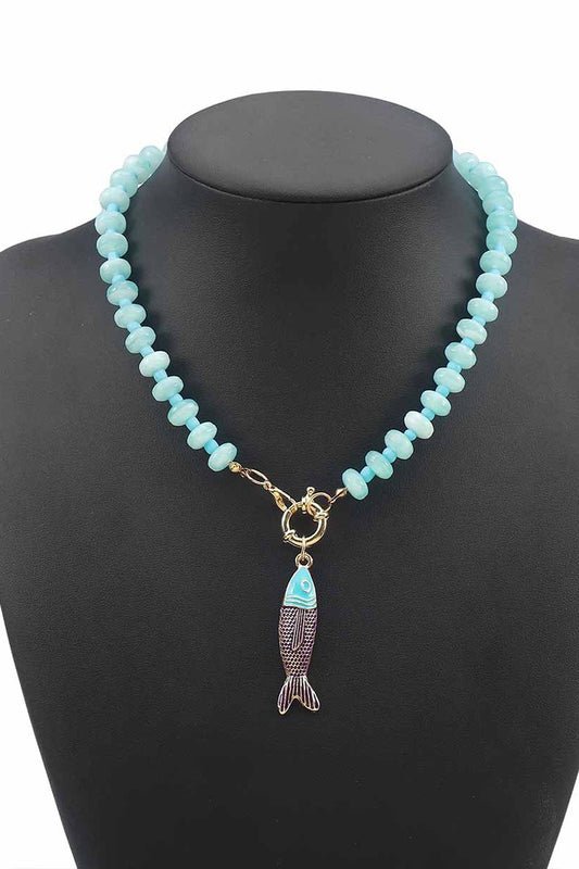 BOHO RESIN BEAD FISH PENDANT NECKLACE - BLUE