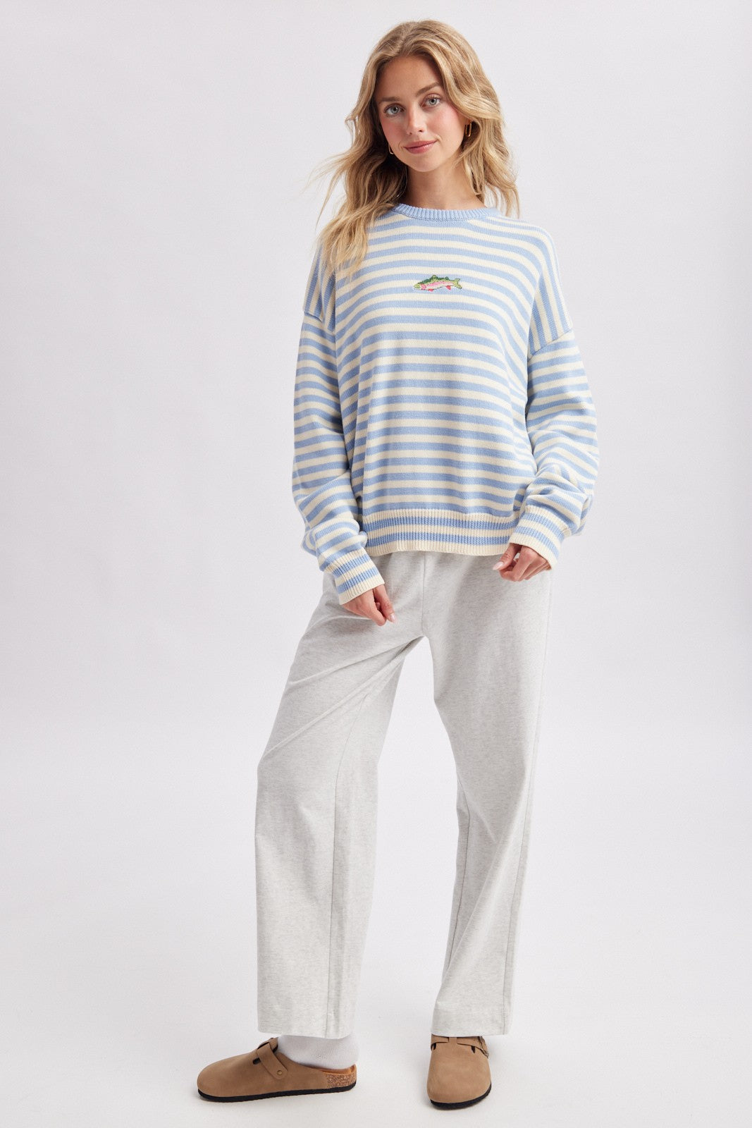 Striped Fish Coastal Graphic Crew Neck Sweater - BLUE.CREAM