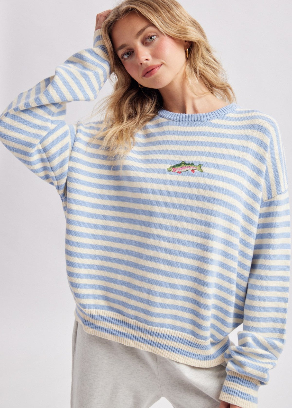 Striped Fish Coastal Graphic Crew Neck Sweater - BLUE.CREAM