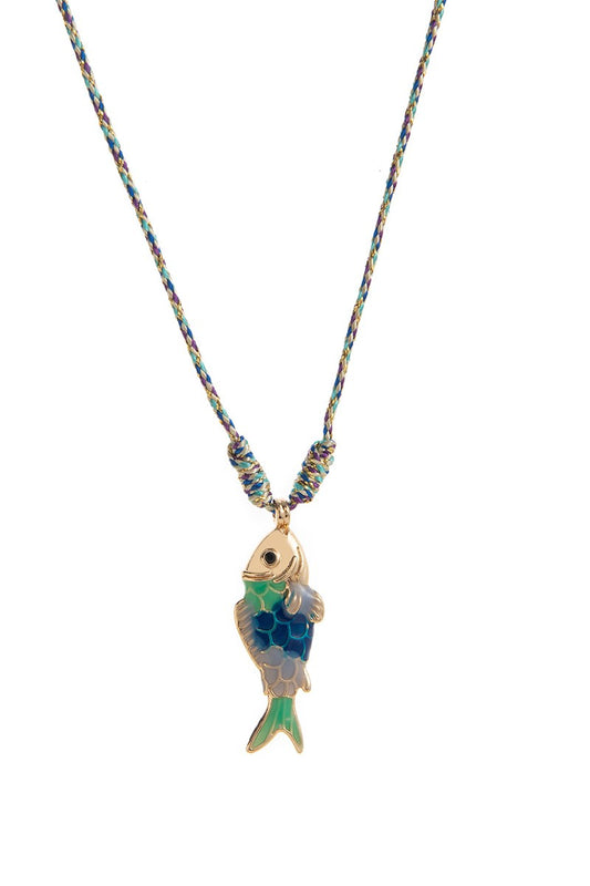 COLORFUL CORD FISH COPPER PENDANT NECKLACE - GREEN AND BLUE