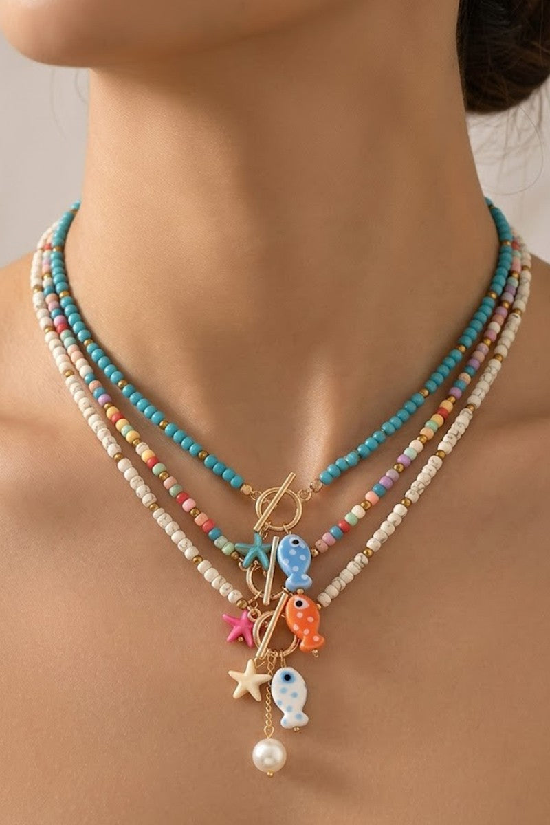 CERAMIC FISH PENDANT COLORFUL BEAD CHAIN NECKLACE