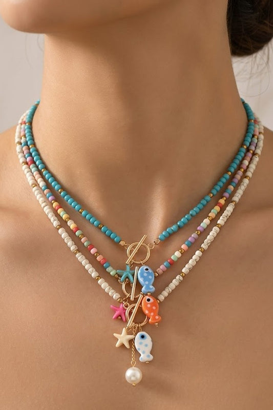 CERAMIC FISH PENDANT COLORFUL BEAD CHAIN NECKLACE