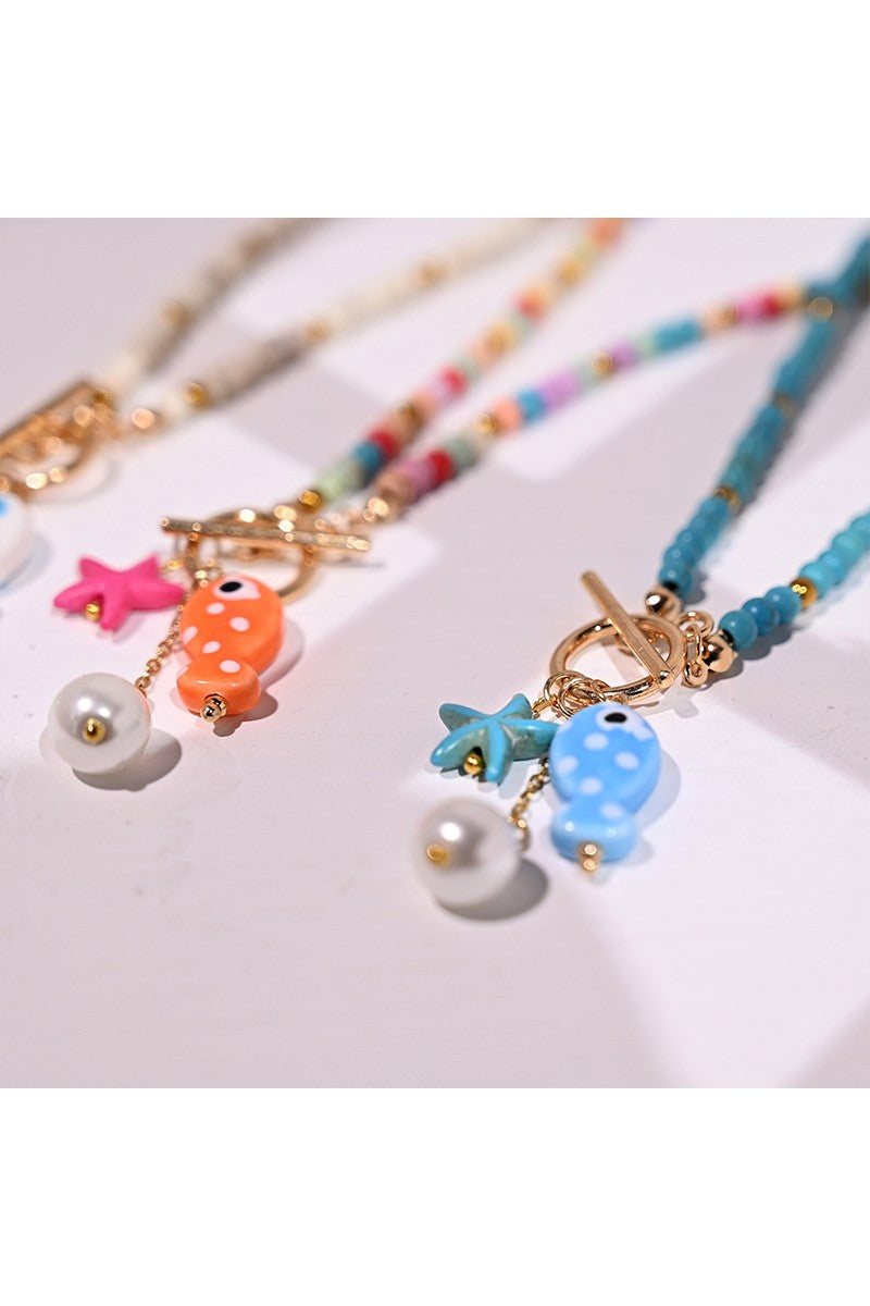CERAMIC FISH PENDANT COLORFUL BEAD CHAIN NECKLACE
