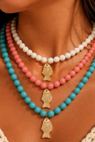 BEACH NATURAL BEADED FISH PENDANT NECKLACE - CYAN BLUE