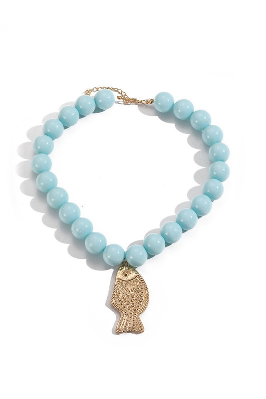 BEACH NATURAL BEADED FISH PENDANT NECKLACE - CYAN BLUE