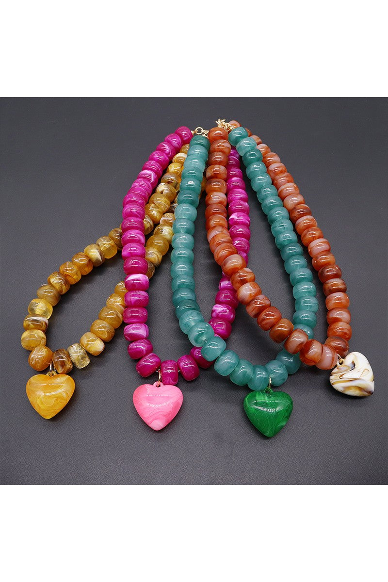ACRYLIC RESIN CLOUD BEAD HEART NECKLACE - GREEN