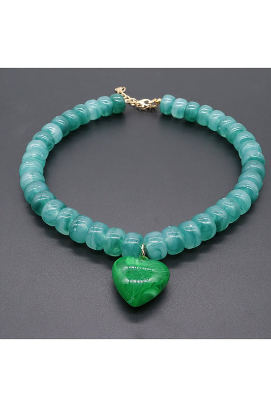 ACRYLIC RESIN CLOUD BEAD HEART NECKLACE - GREEN