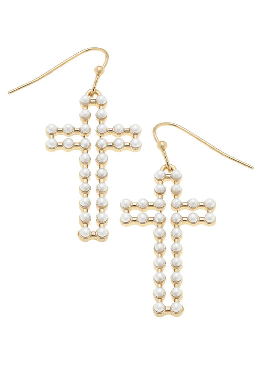 Lizette Open Pearl Cross Earrings in Ivory