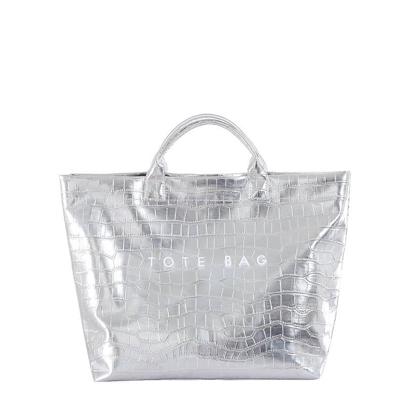 Crocodile Embossed Tote Bag PVC Handbag: Silver / M