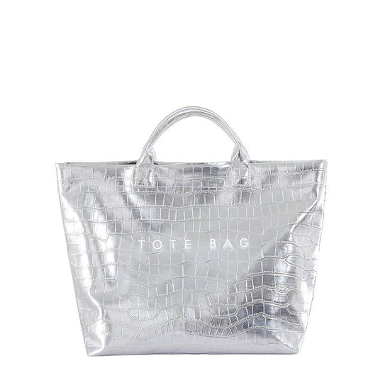 Crocodile Embossed Tote Bag PVC Handbag: Silver / M