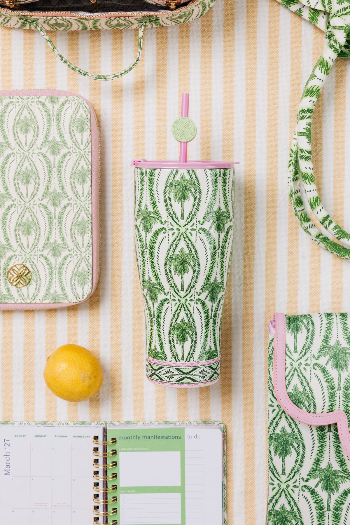 STAINLESS STEEL TUMBLER WITH STRAW - TEXTURED PALM