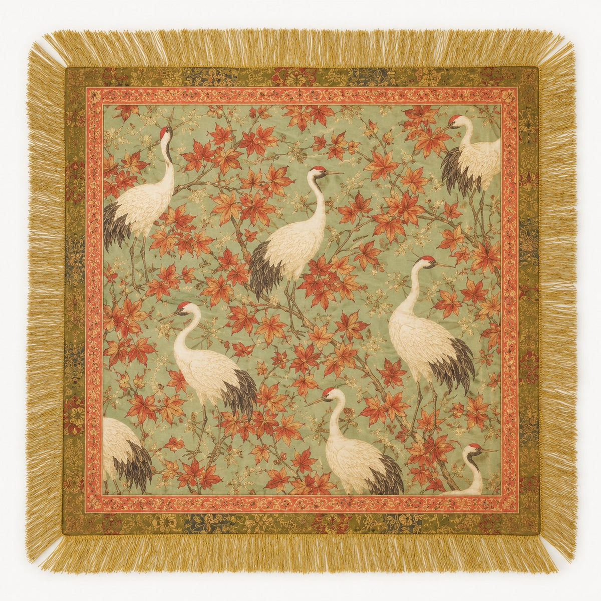 SATIN PRINT TASSEL FRINGE SCARF - RED AND WHITE BIRDS