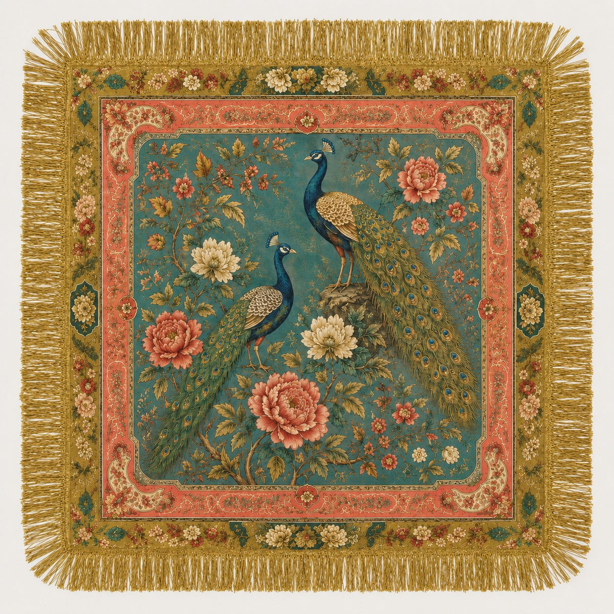 SATIN PRINT TASSEL FRINGE SCARF - PEACOCK
