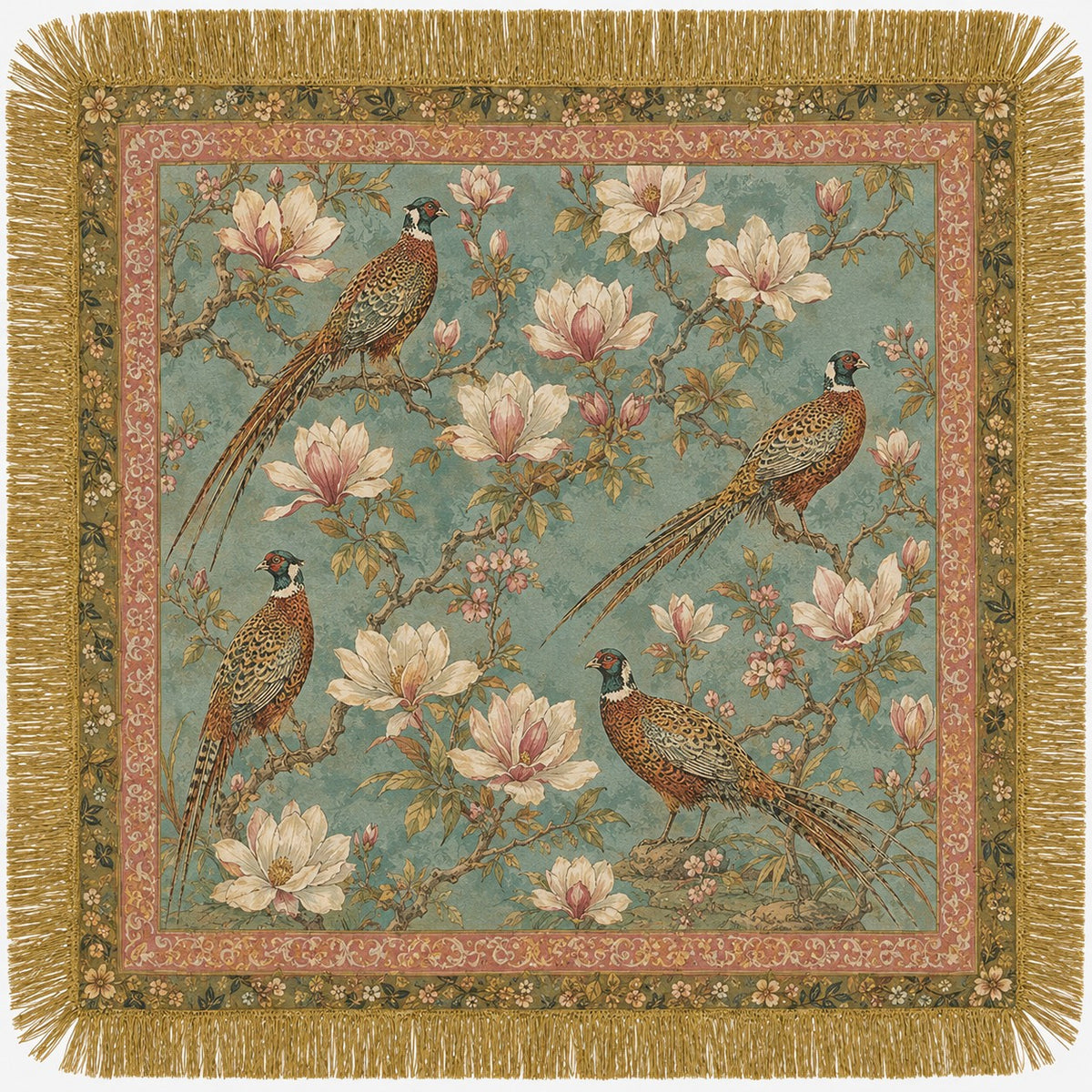 SATIN PRINT TASSEL FRINGE SCARF - PHEASANTS