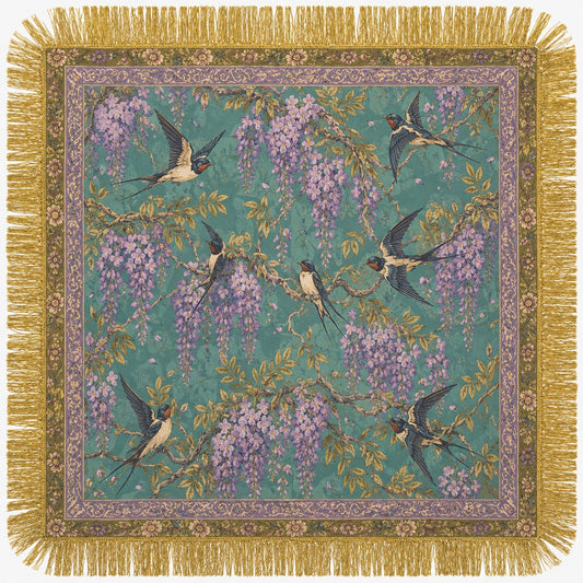 SATIN PRINT TASSEL FRINGE SCARF - PURPLE BIRDS