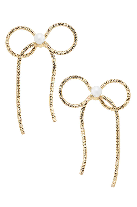 HADLEY CORD TIED PEARL BOW EARRINGS IN SHINY GOLD