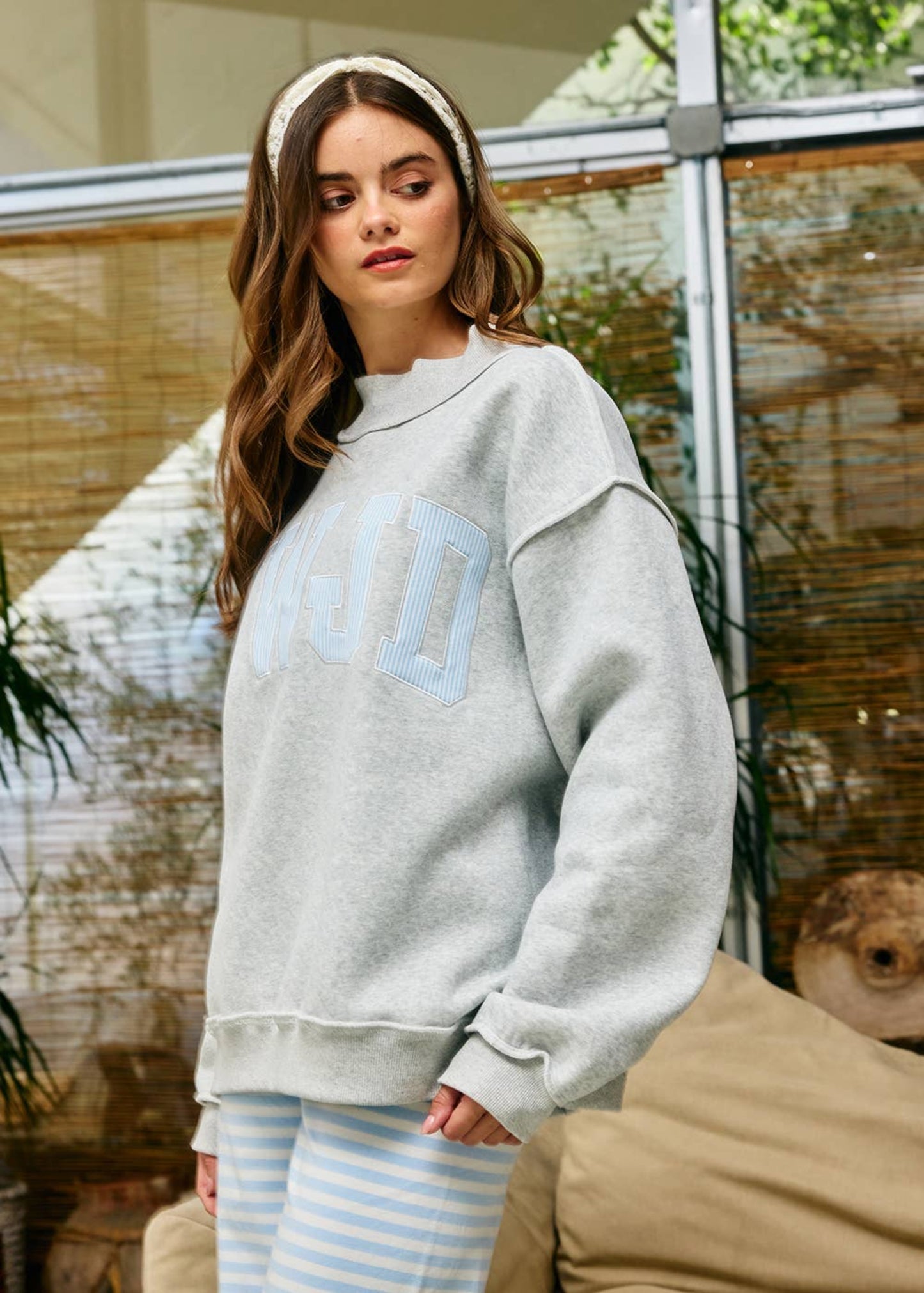 Stripe Embroidered "WWJD" Mock Neck Sweatshirt