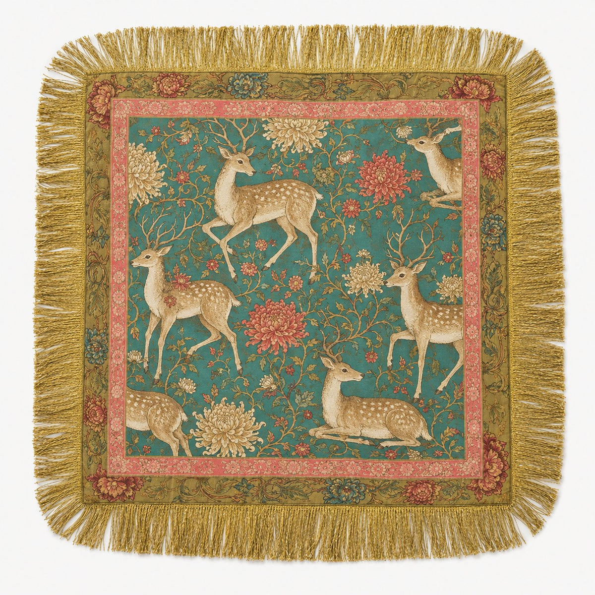 SATIN PRINT TASSEL FRINGE SCARF - DEER/GREEN