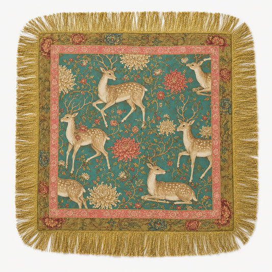 SATIN PRINT TASSEL FRINGE SCARF - DEER/GREEN