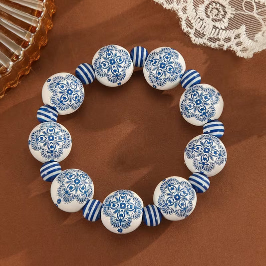 Vintage Chinese Beaded Bracelet with Blue and White Porcelain Pattern