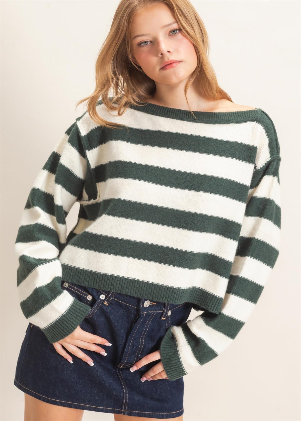 SADIE STRIPED SWEATER - HUNTER GREEN