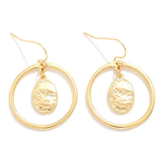 Metal Tone Hoop Drop Earrings Featuring Nesting Textured Metal Oval Detail