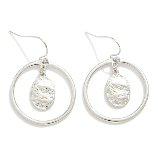 Metal Tone Hoop Drop Earrings Featuring Nesting Textured Metal Oval Detail SILVER