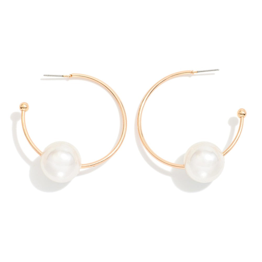 Metal Tone Hoop Post Drop Earring Featuring Pearl Ball