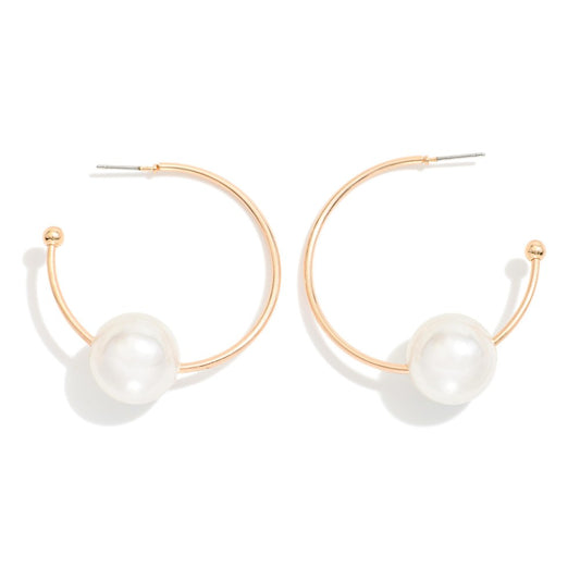 Metal Tone Hoop Post Drop Earring Featuring Pearl Ball