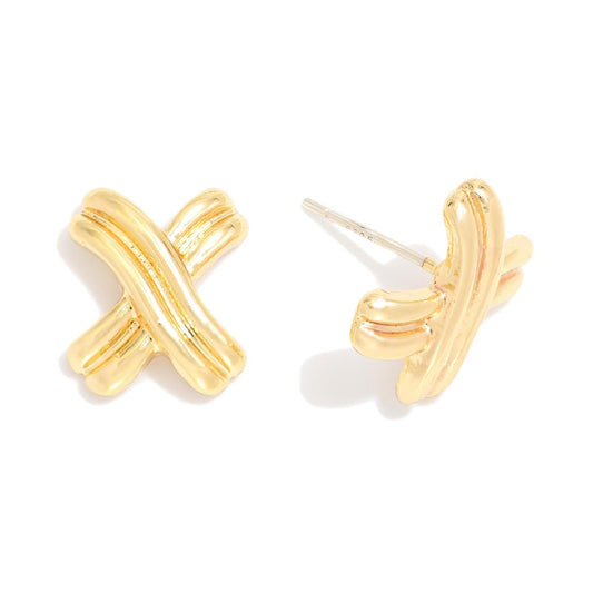 Metal Tone Ribbed X Stud Earring - GOLD