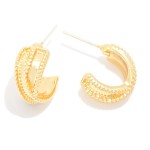 Simple Textured Metal Tone Crossover Hoop Earring - GOLD