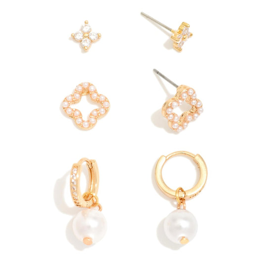 Set Of Three Stud & Huggie Hoop Earrings Featuring Pearls & Rhinestones