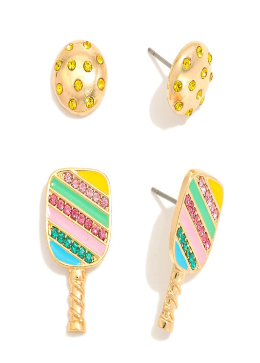Set Of Two Metal Pickleball & Pickleball Racket Stud Earrings With Rhinestone Details