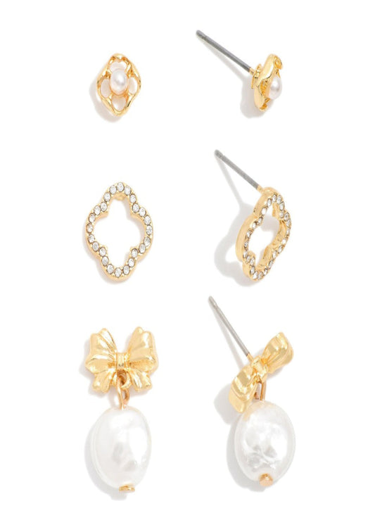 Set Of Three Gold Tone Drop Earrings Featuring Pearl & Rhinestone Accents