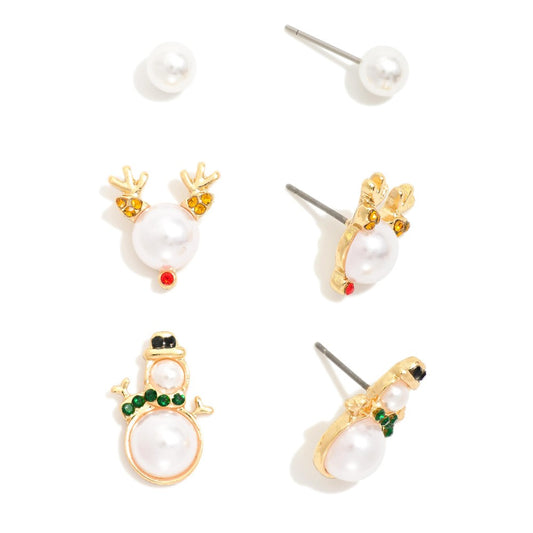 Set Of Three Christmas Stud Earrings Featuring Snowman, Reindeer, & Pearls