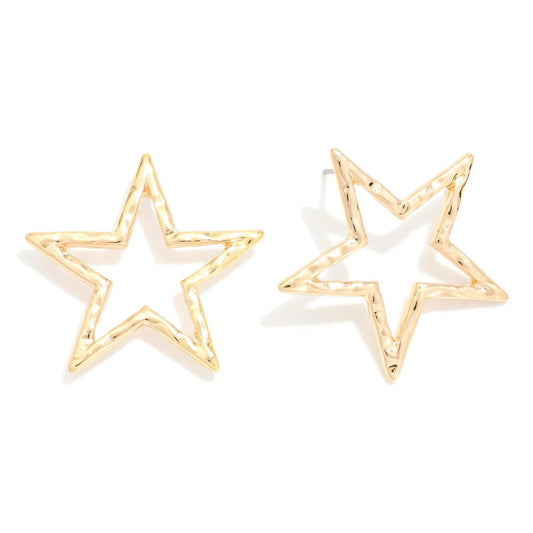 Hammered Metal Hollow Star Drop Earrings- GOLD
