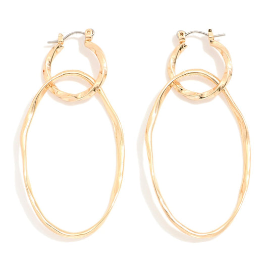 Metal Tone Linked Twisted Hoop & Oval Drop Earrings