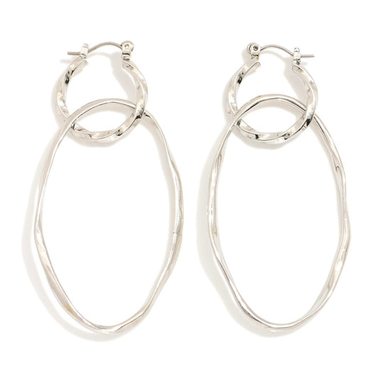 Metal Tone Linked Twisted Hoop & Oval Drop Earrings SILVER