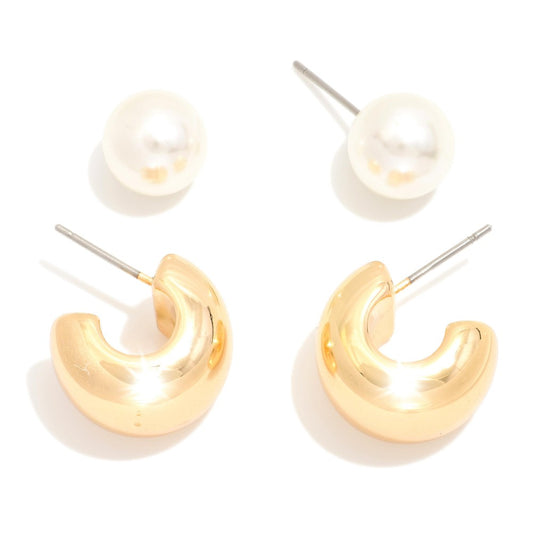 Set Of Two Pearl Stud & Metal Tone Chunky Hoop Earrings